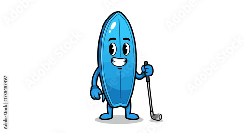 Cheerful surfboard cartoon character strikes a playful pose with a golf club showcasing a unique