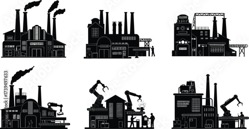 Industrial factory silhouettes vector set, smokestacks with chimneys, storage tanks, robotic arms, conveyor belts, modern automation and heavy manufacturing architecture illustration collection