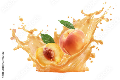 A vibrant splash of peach juice with sliced and whole fruit against a black backdrop