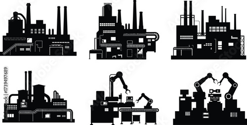 Industrial factory and robotic assembly silhouette vector illustration, automation icons with chimneys, conveyor belts, robotic arms, processing equipment, scalable black design for stock content