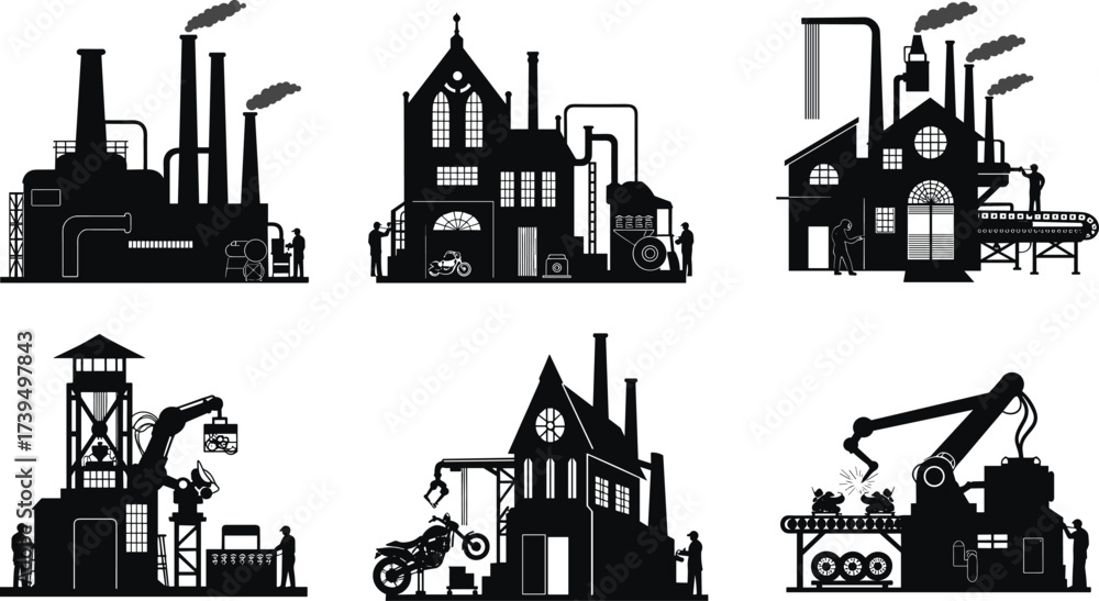 Fototapeta premium Industrial factory vector set, smokestacks with chimneys, conveyor belts, robotic arms, motorcycles, mining crane, human workers, modern automation manufacturing illustration collection