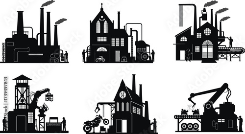Industrial factory vector set, smokestacks with chimneys, conveyor belts, robotic arms, motorcycles, mining crane, human workers, modern automation manufacturing illustration collection