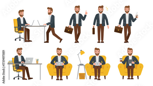 Modern Businessman Character Set Engaging in Diverse Work and Office Activities