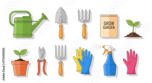 Gardening tools and equipment arranged neatly on a white background showcasing essential items for planting and growing a garden with a focus on spring and summer activities