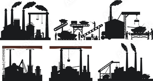 Industrial manufacturing vector set, smokestack factories, cranes lifting materials, conveyor belts, robotic arms, workers operating machinery, modern automation production illustration collection