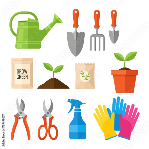 Gardening tools and plants arranged in a colorful pixel art style perfect for illustrating gardening projects or adding a retro gaming aesthetic to designs and presentations