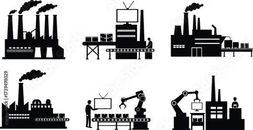 Industrial factory vector illustration, isometric manufacturing process, automation, robotic arms, workers, machinery, conveyor belt, production line, heavy industry, modern technology design