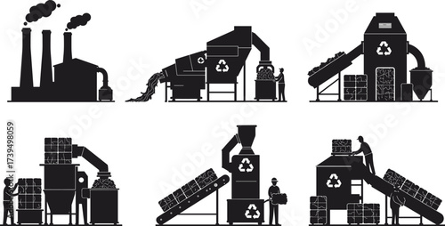 Recycling process factory vector set, waste management illustration, industrial machinery icons