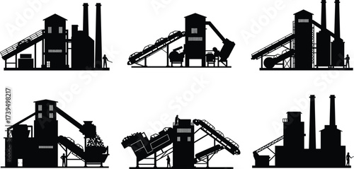 Industrial factory silhouette vector illustration, manufacturing plant icons with workers, machinery, chimneys, conveyor belts, processing equipment, scalable black design for stock content