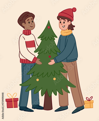 Joyful Diverse Couple Decorating Christmas Tree Together During Festive Winter Holiday Season Illustration