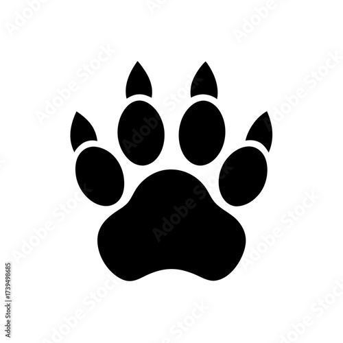 A simple black silhouette of a paw print on transparent background