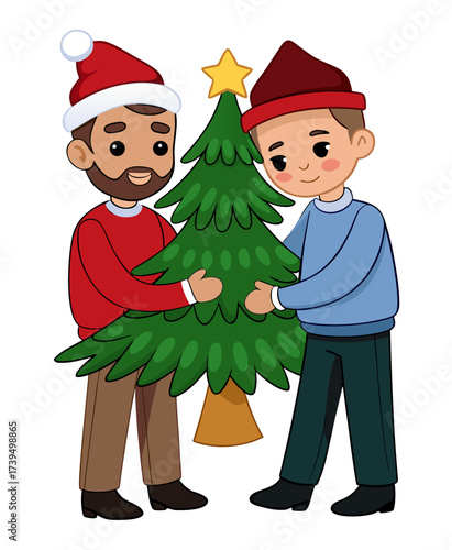 Diverse Gay Couple Celebrating Christmas Holiday with Festive Tree Illustration