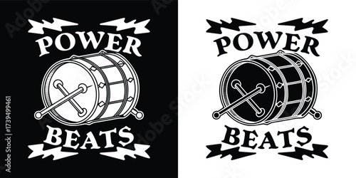 Retro graphic of a bass drum with drumsticks and lightning bolts, accompanied by the text power beats, shown in both black and white versions for diverse design needs