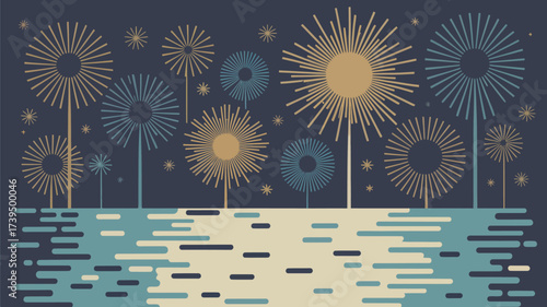 Stylized fireworks display over water with reflections in shades of blue and gold on a dark background