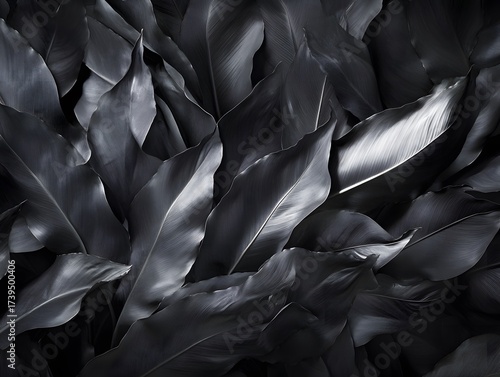 Dramatic close up of monochrome tropical leaves, elegant dark nature background