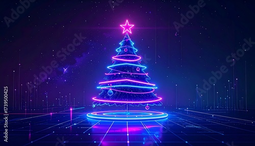 Futuristic Neon Christmas Tree with Glowing Lights and Starry Background