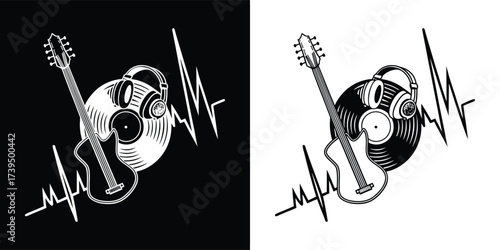Musical composition featuring an acoustic guitar, vinyl record, headphones, and a heartbeat ekg line, presented in black and white, isolated on white background