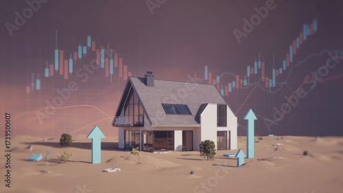 Futuristic house with rising financial graphs and arrows.