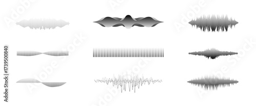 Different sound wave patterns are presented in black and white. Each pattern varies in shape, illustrating the complexity of audio signals. The design emphasizes artistry in sound representation.