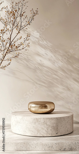 Wallpaper Mural  3D display podium featuring golden accents and stone textures under soft natural light with realistic shadows. product mockups, luxury branding, and minimalist presentations. Torontodigital.ca