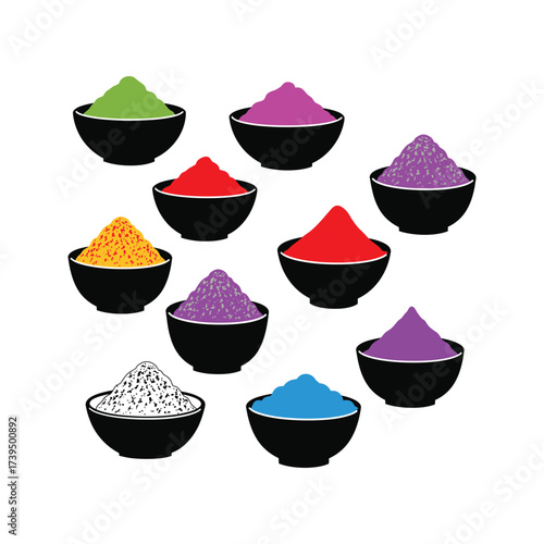 Collection of colorful powders in black bowls representing vibrant pigments for art and celebration