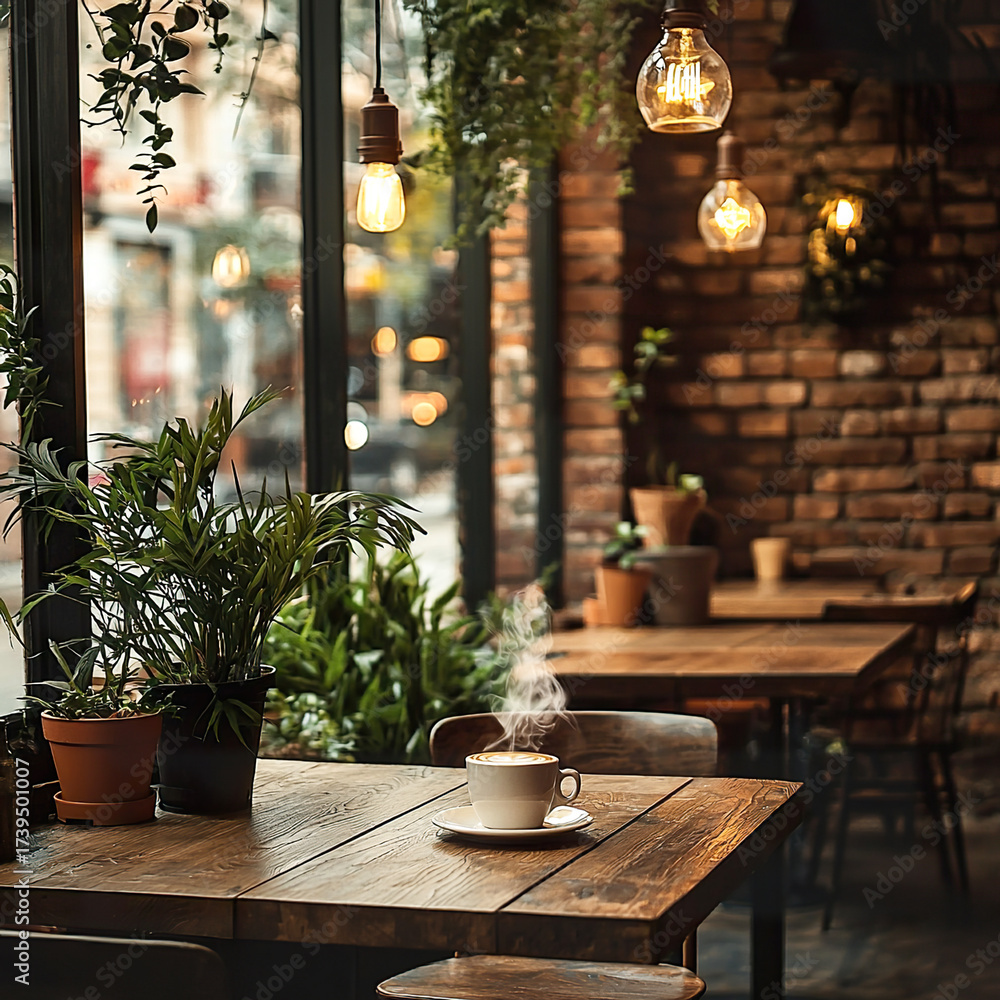 custom made wallpaper toronto digitalTrendy loft-style coffee shop interior with cozy lighting, brick walls, and modern furniture. Сafe promotions, lifestyle blogs, and hospitality branding.