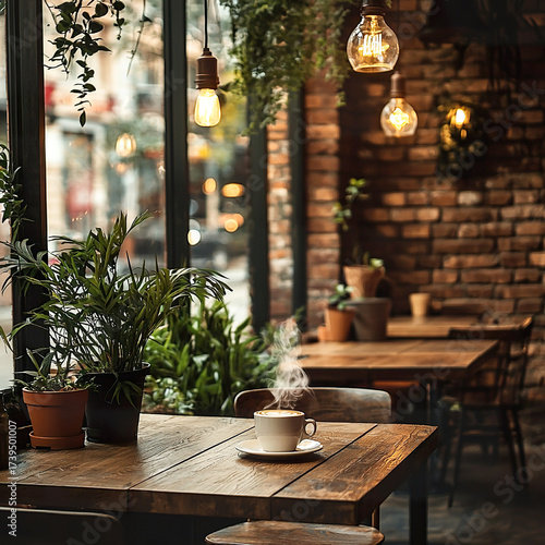 Wallpaper Mural Trendy loft-style coffee shop interior with cozy lighting, brick walls, and modern furniture. Сafe promotions, lifestyle blogs, and hospitality branding. Torontodigital.ca