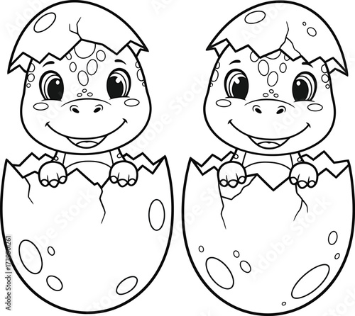 Two hatched baby dinosaur: Two adorable baby dinosaur hatching from eggs, offering a cute and cartoonish image for children.
