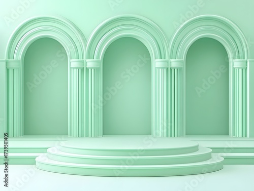 Mint Green Architectural Elegance with Arches and Three Step Stage Design