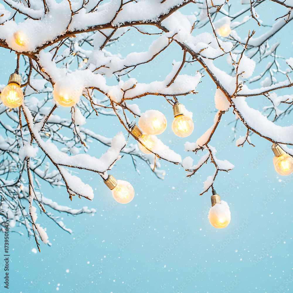 custom made wallpaper toronto digitalSnowy tree branches with small glowing warm lights against a blue background. Cozy winter decoration, for holiday cards and seasonal designs.