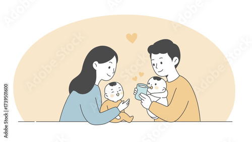 Loving Parents With Twin Babies Illustration: A Happy Family Moment