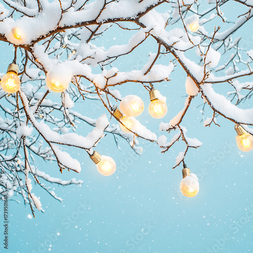 Wallpaper Mural Snowy tree branches with small glowing warm lights against a blue background. Cozy winter decoration, for holiday cards and seasonal designs. Torontodigital.ca