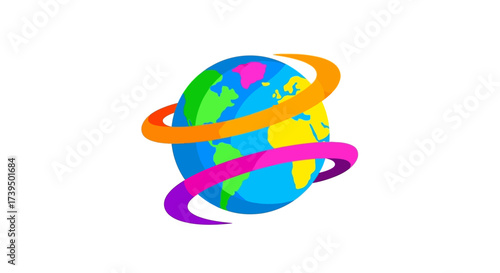 Whimsical global depiction with orbiting colorful bands, symbolizing global connectivity and