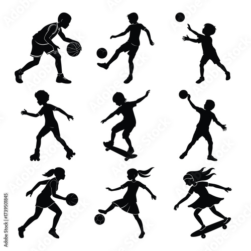 Collection of silhouettes of children engaged in various sports and recreational activities