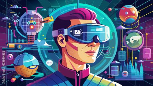 Close-up portrait of a man with VR headset focused on 3D hologram, STEM learning, robotics research, AI-driven digital classroom, future innovation and modern education technology.