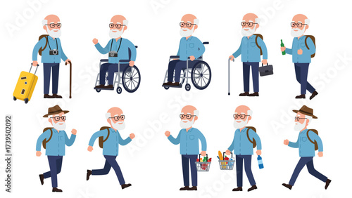 Active Senior Man Character Set: Diverse Lifestyle, Travel, and Daily Activities