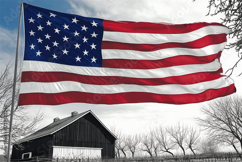 Large American flag waving above a rustic barn in leafless winter countryside. Patriotic concept captured with contrast of flag's vivid color and gray backdrop.