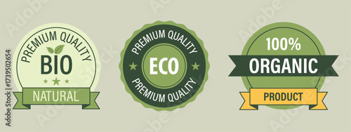 Set of organic, bio, and eco product quality badges and seals. A set of eco-friendly labels. 
eco-friendly labels promoting organic and natural products with premium quality assurance