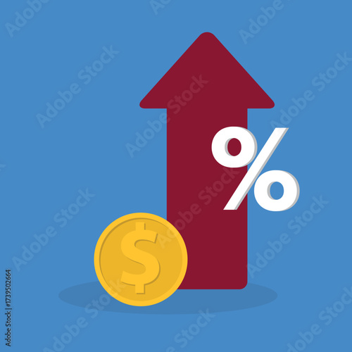 Increased income or revenue, capital gain, increased sales turnover, dollar and arrow with percentage sign	