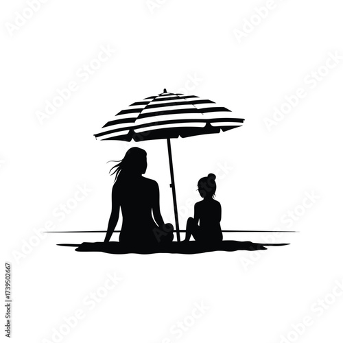 Mother and daughter silhouettes sitting under a striped beach umbrella on a sunny day