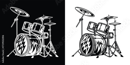 Detailed illustration of a drum kit with cymbals, snare, and bass drum, featuring a lightning bolt design on the drum heads, in a bold graphic style