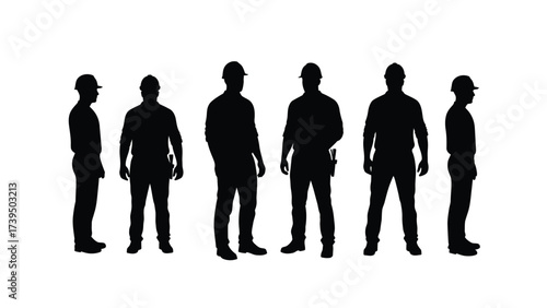 Six Male Construction Workers Silhouettes In Hard Hats, Profile And Front Facing, Representing Workforce, Safety, And Industrial Profession
