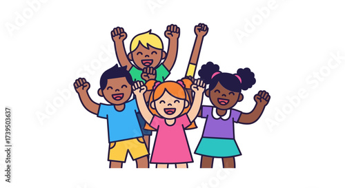 Group of jubilant children diverse ethnicities raising their arms in celebration