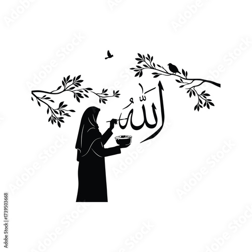 Muslim woman in hijab painting allah calligraphy with brush and bowl surrounded by trees and birds
