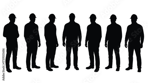 Group Of Construction Workers Silhouettes In Hard Hats