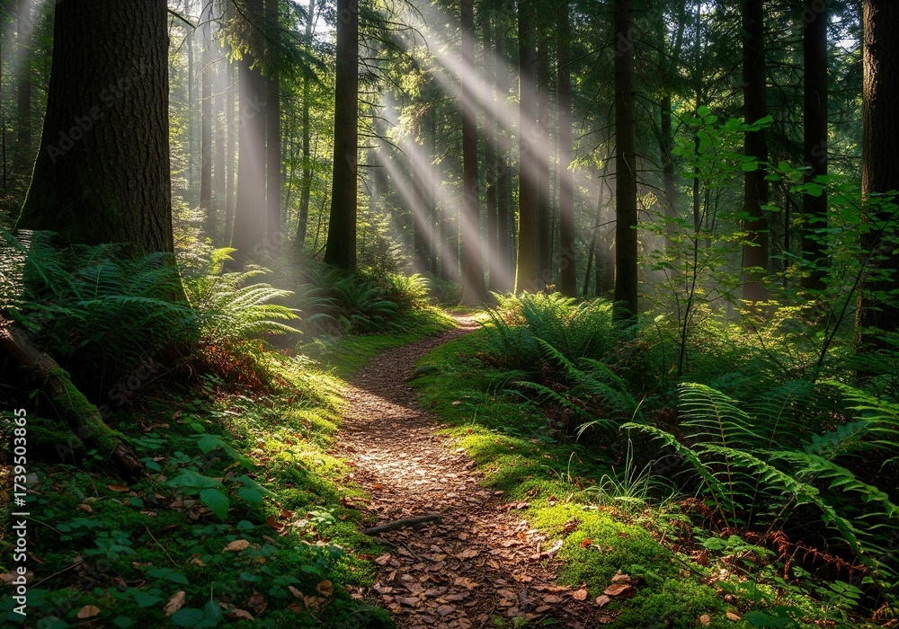 Fototapeta premium Magical Forest Path with Sunbeams Streaming Through the Trees