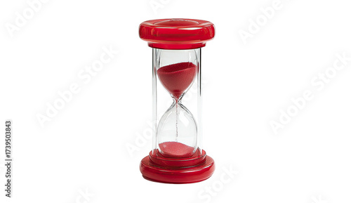 A red hourglass with a clear glass center, filled with red sand, on a black background