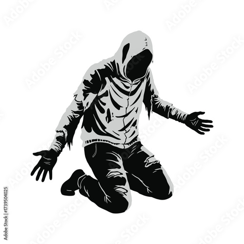Mysterious figure in tattered black hoodie and ripped jeans kneeling with open arms