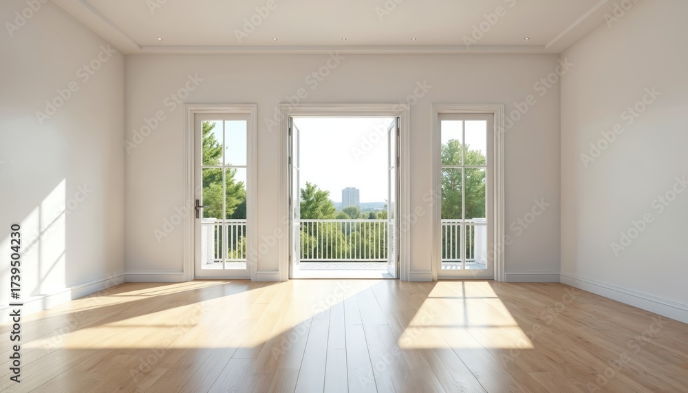 Fototapeta premium Interior view of a spacious light filled room with balcony doors. Sunlight falls through the doors onto the wooden floor. An empty modern space for interior design.