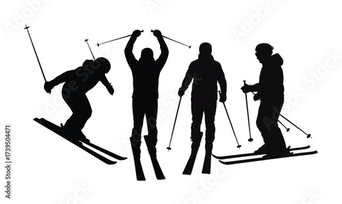 Skiing Group Silhouette Vector Winter Sports Activity People Icon
